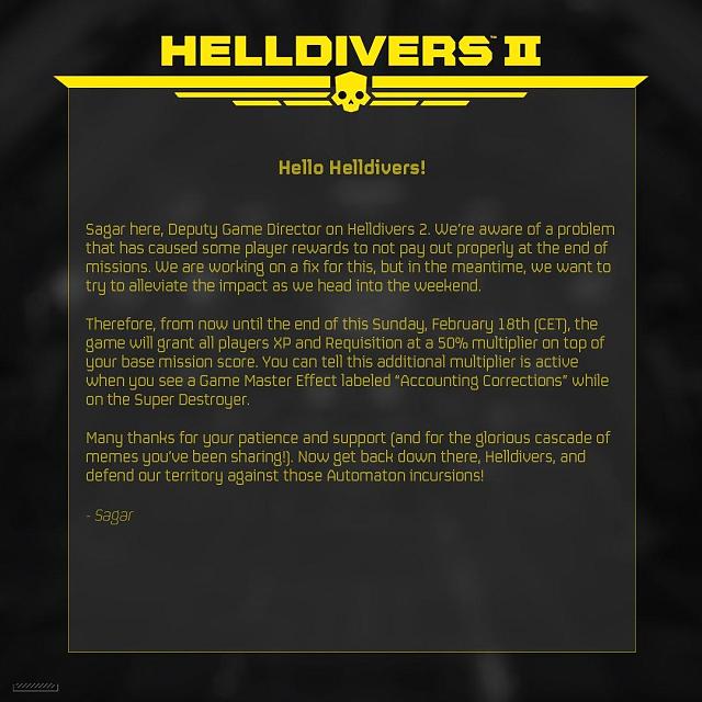Text saying there's a bonus XP event live for Helldivers 2 after some issues did not give players rewards this past week.