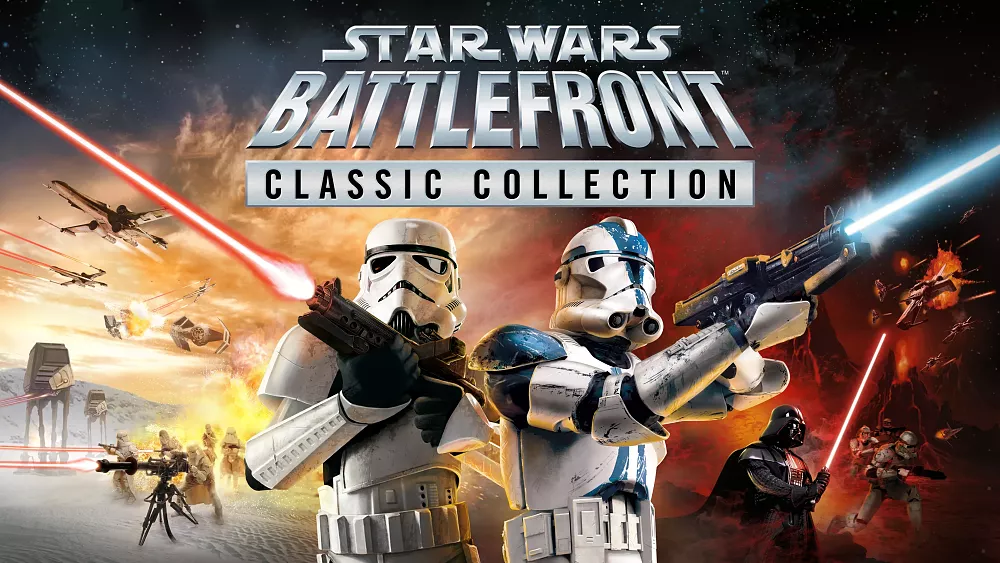 Key art for the upcoming Star Wars Battlefront Classic Collection showing various troopers and the title.