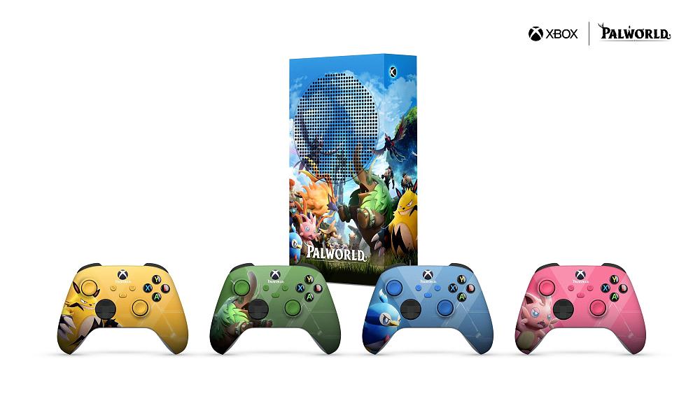 A Palworld themed Xbox Series S and four Palworld themed Xbox controllers.