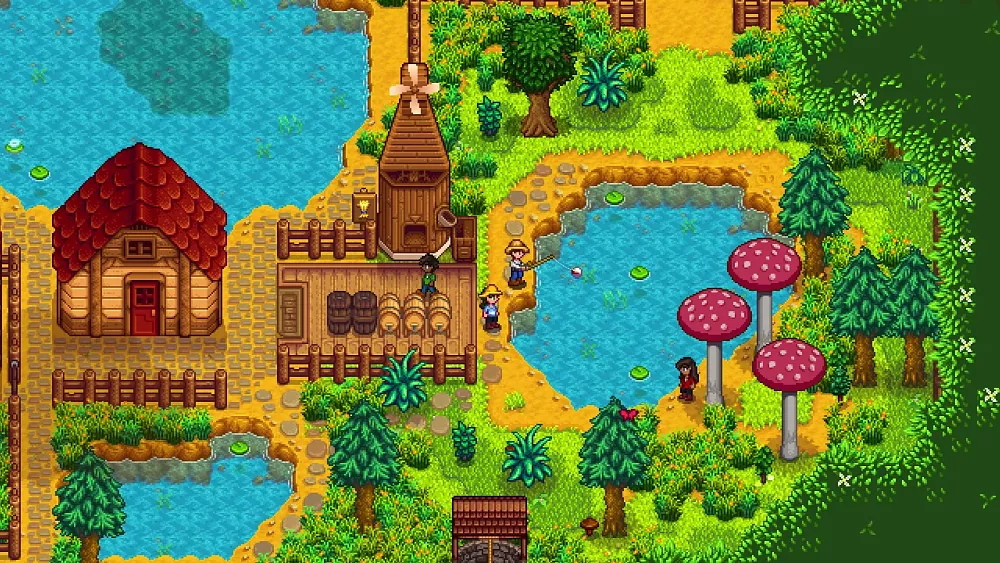 Screenshot showing a farm and several farmers fishing or walking around in Stardew Valley.