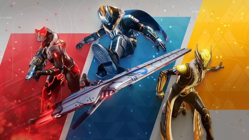 Key art showing three Guardians from Destiny 2 posing and showing off the new hoverboard.