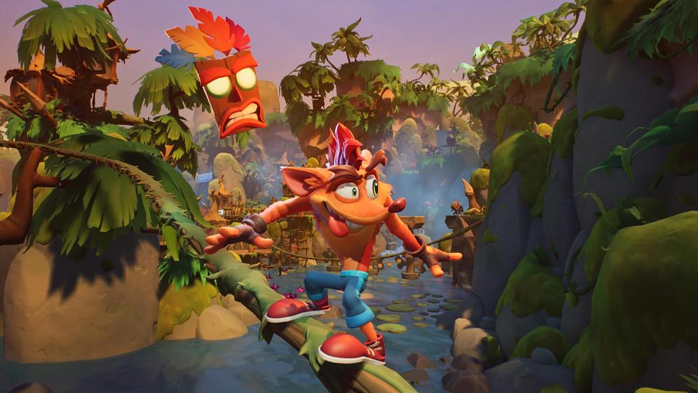 Screenshot of Crash Bandicoot surfing on a vine in a jungle.