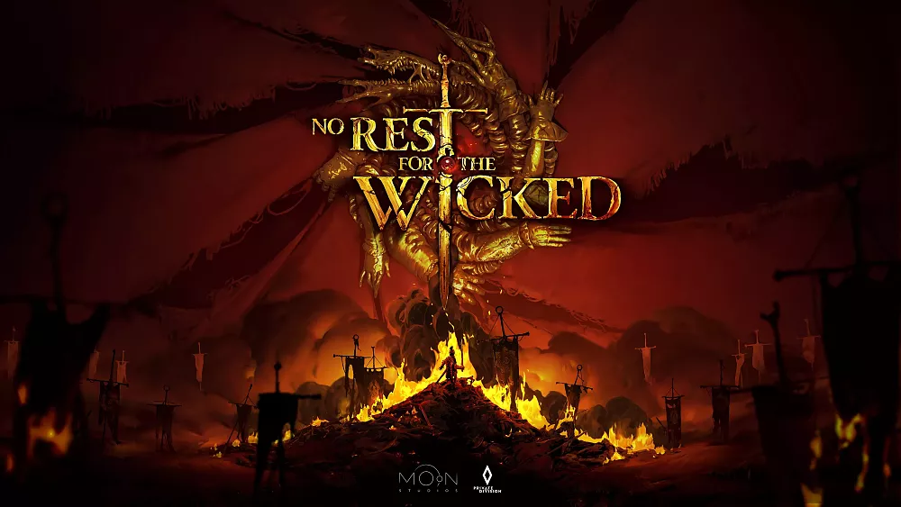 Key art visual for No Rest for the Wicked showing the title, studios, and a person standing atop a pile of what looks like burning bodies.