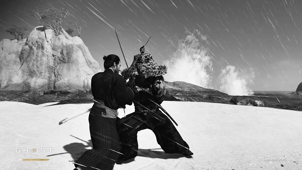 PC screenshot of Ghost of Tsushima showing the Kurosawa Mode (black and white) mode.