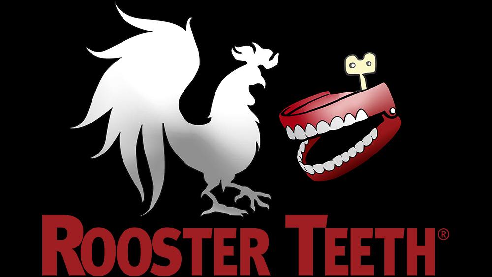 The old logo for Rooster Teeth showing a rooster and a pair of toy teeth.