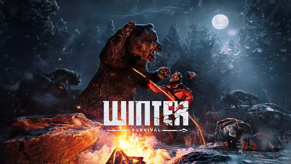 Art showing the title Winter Survival and a man fighting off a bear.