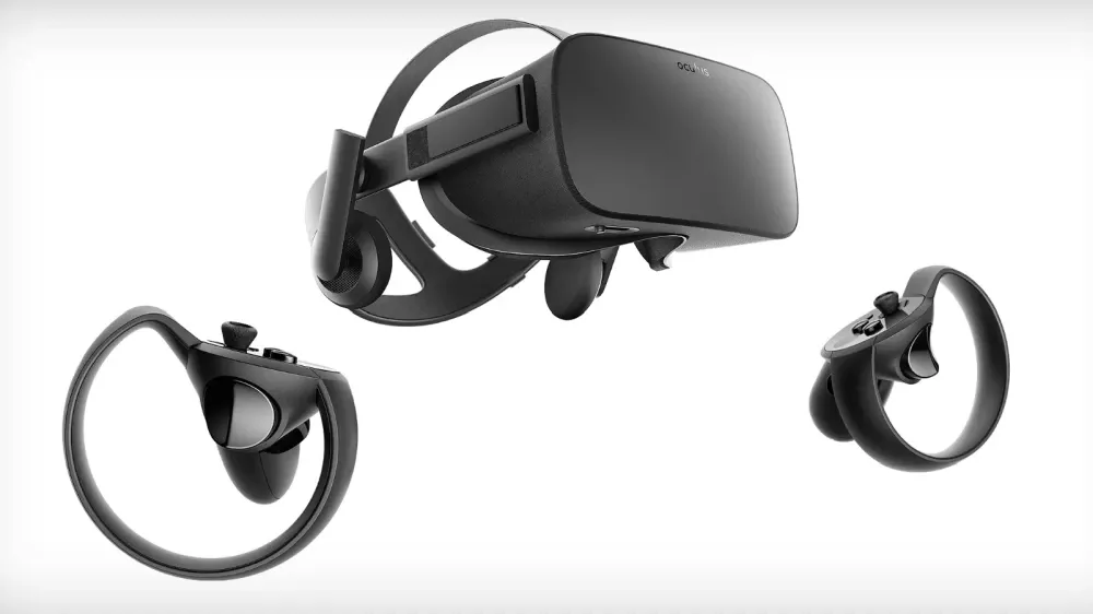 The Oculus Rift CV1 VR headset and two controllers.
