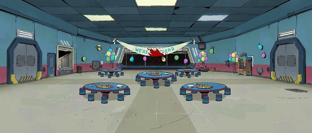 Teaser image from the Among Us animated show, showing an empty dining area on a space ship.