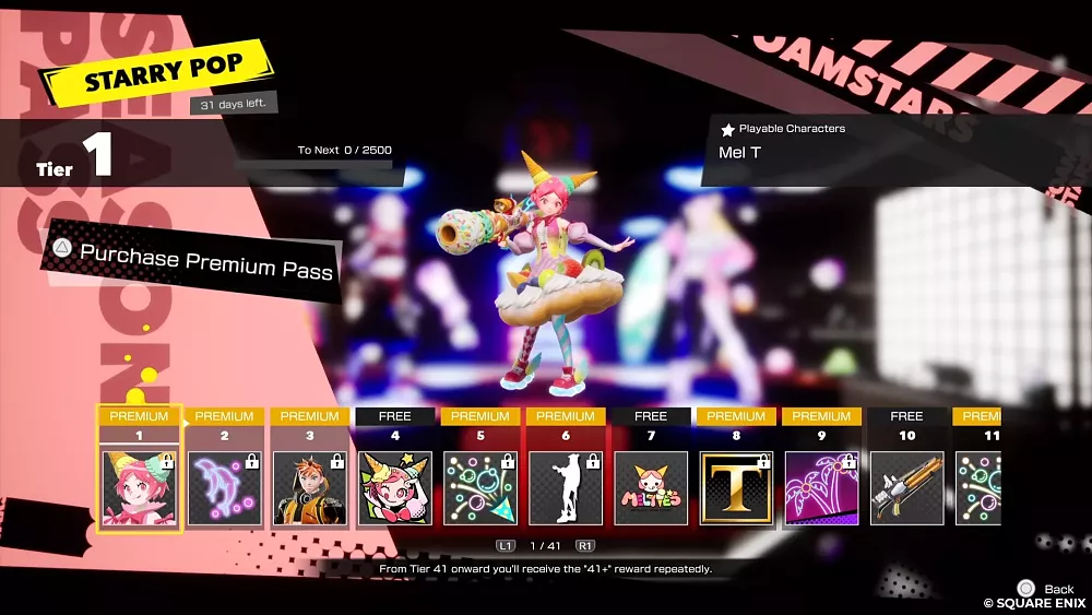 An image showing unlockable cosmetics and items in a Season Pass for Foamstars.