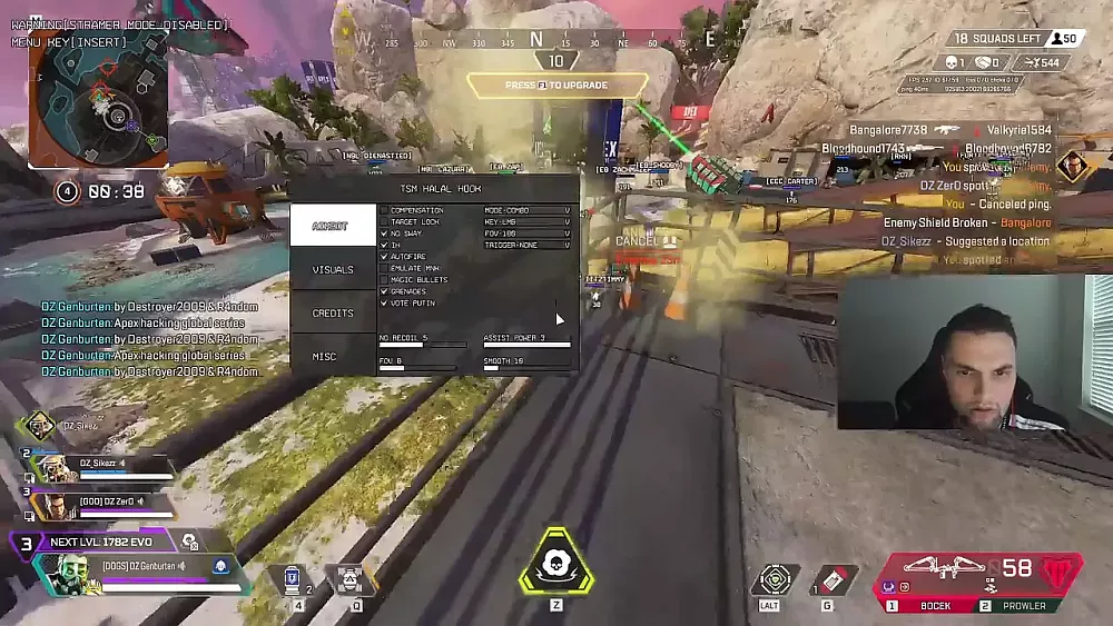 A video still showing the moment cheats were enabled and chat messages spammed during a regional finals match for Apex Legends esports.