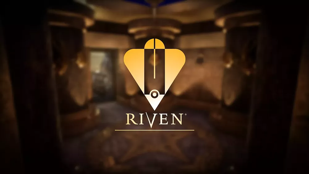 Key art showing the title, Riven, a logo, over a blurred background.