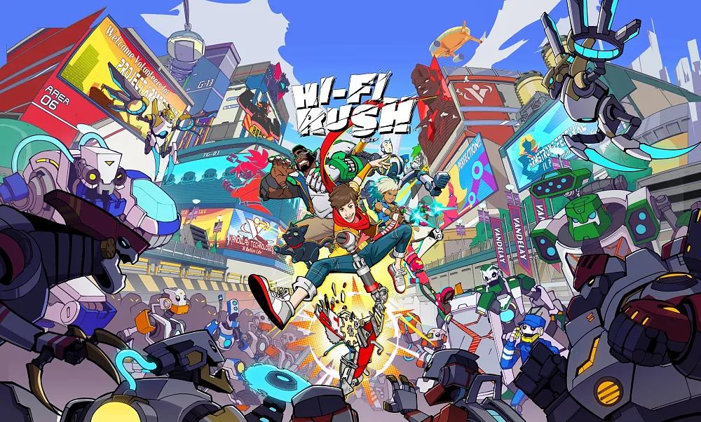 Key art showing the colorful cast of characters and title for Hi-Fi Rush.