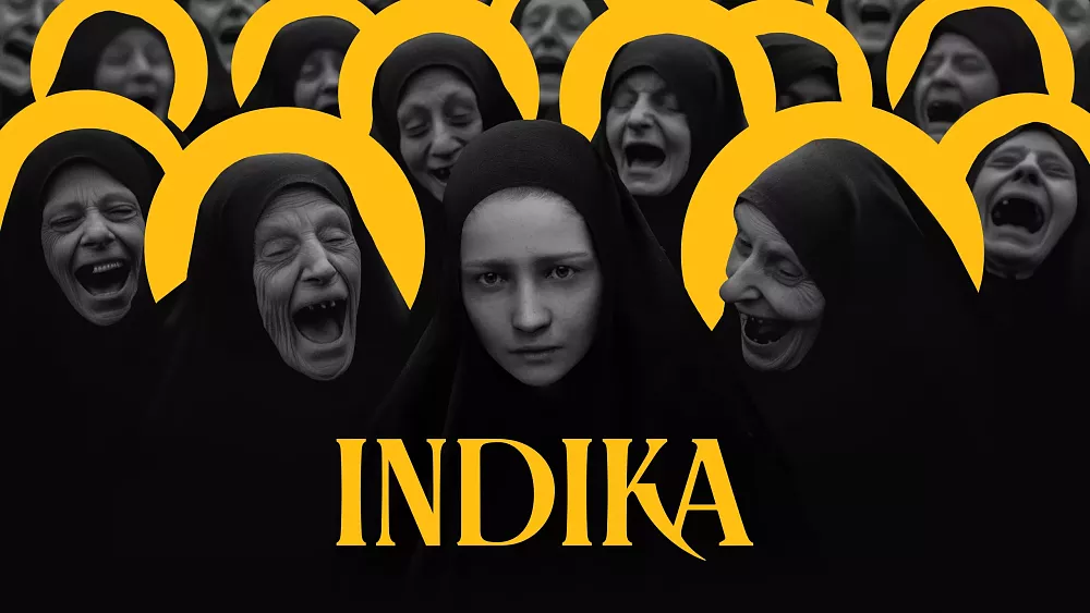 Key art for INDIKA showing a young nun surrounded by old, mocking nuns.