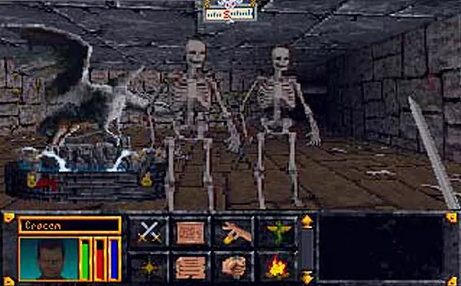 Some scary skeletons in a dungeon.