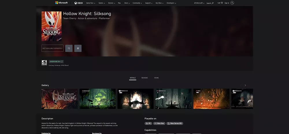 Screen capture of the new Xbox Store listing for Hollow Knight: Silksong.