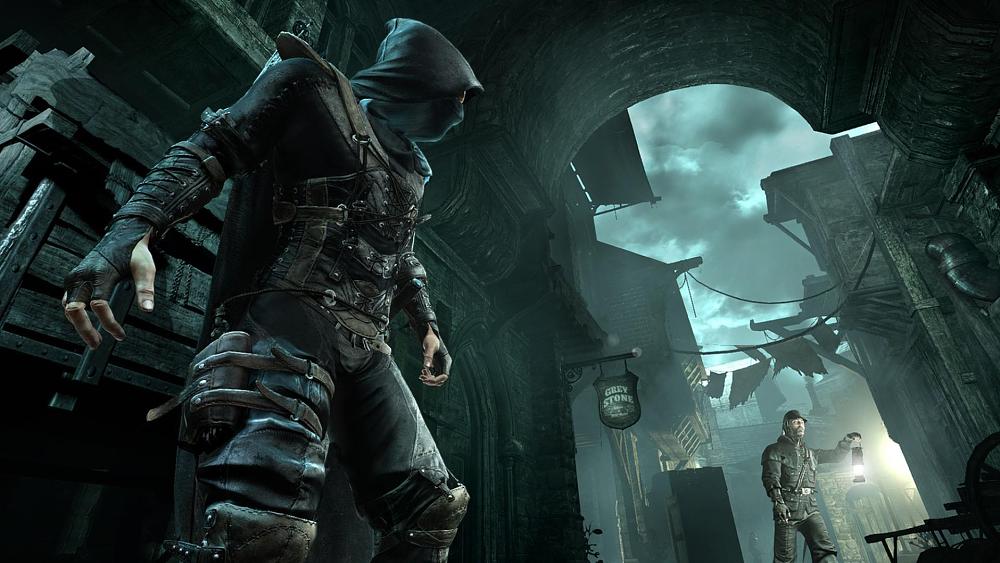 Screenshot from Thief showing a hidden thief evading a person with a lantern.
