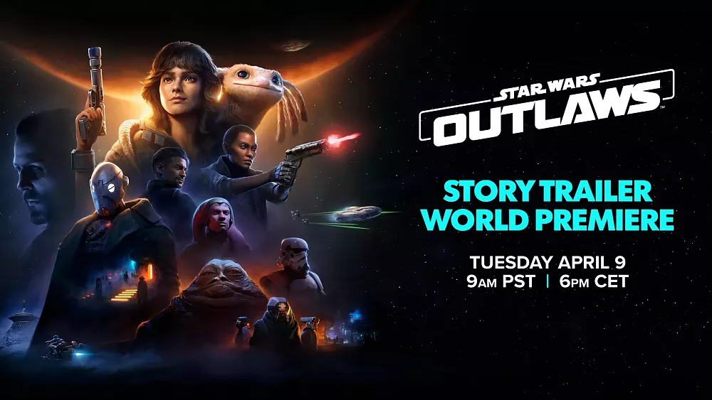 Image announcing a trailer reveal for Star Wars Outlaws on April 9th.