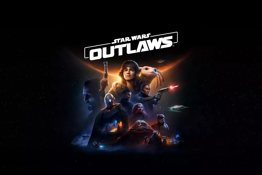 Key art showing characters and the title for Star Wars Outlaws.