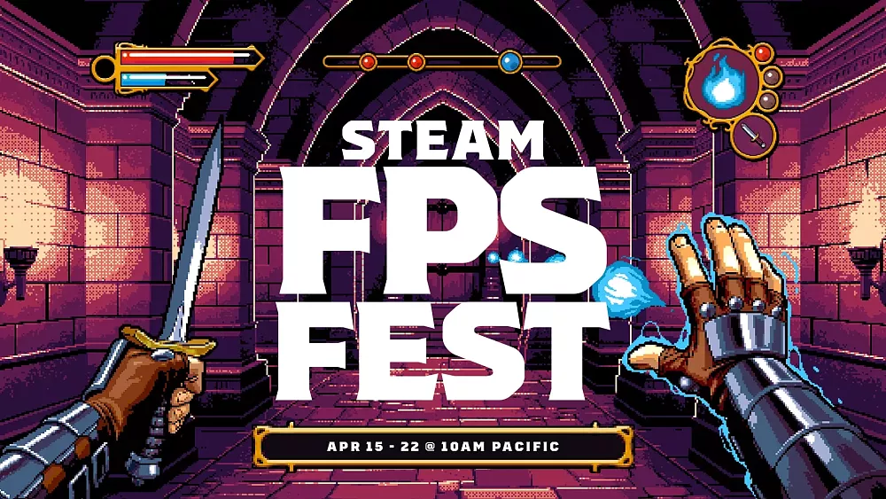 Art showing a first-person view and text saying the Steam FPS Fest begins April 15 and ends April 22.