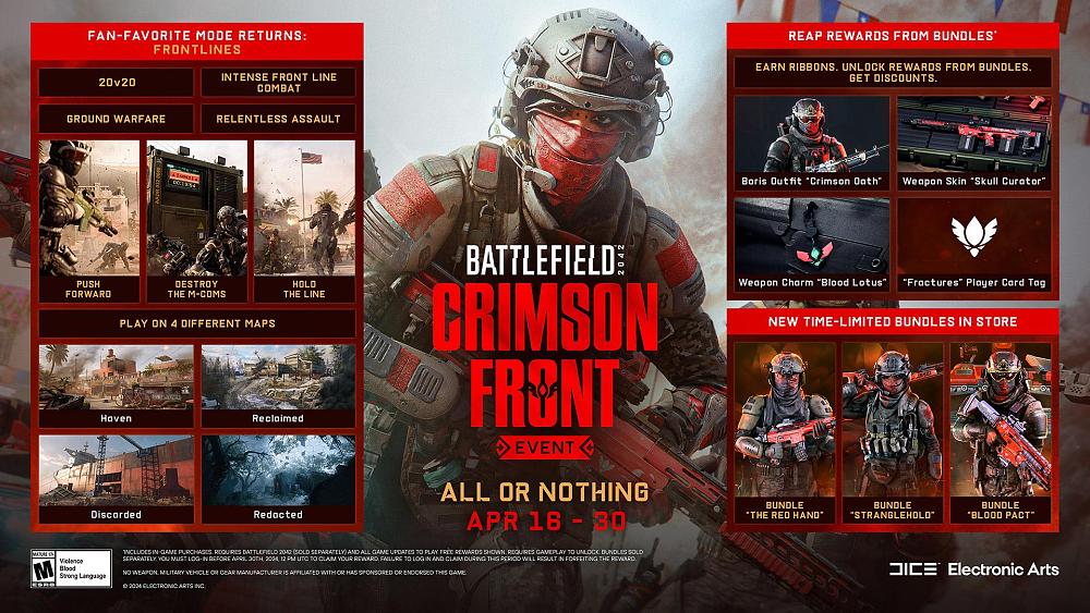 Image showing the content and new features coming in a time-limited event for Battlefield 2042, Crimson Front Event, which runs April 16 - 30.