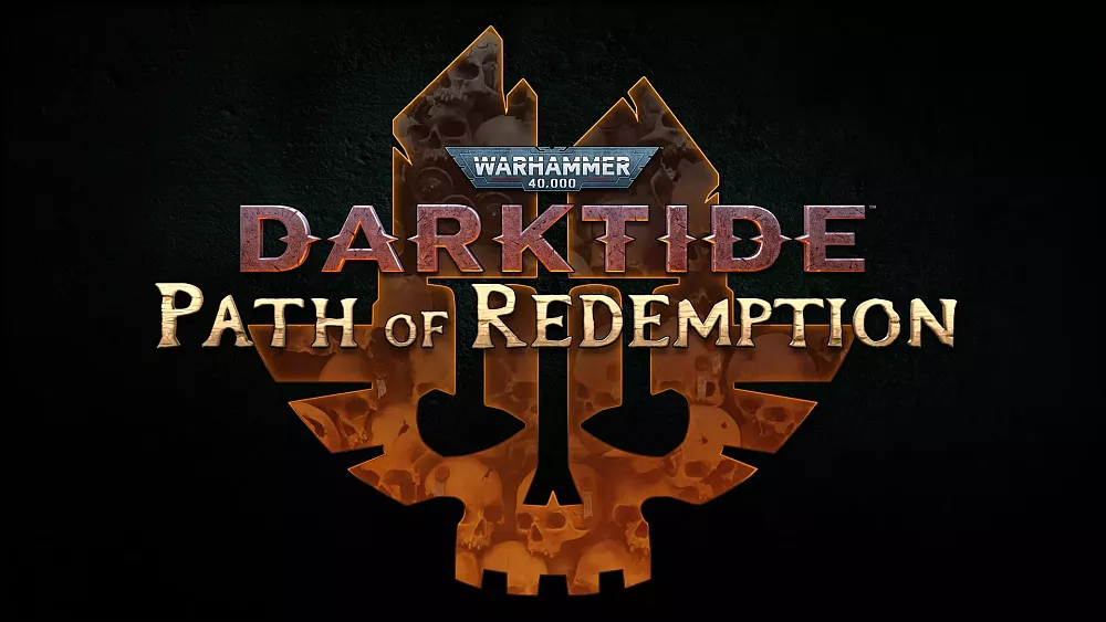 Key art saying Warhammer 40,000: Darktide - Path of Redemption over the Warhammer 40K Darktide logo.