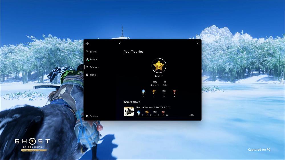Image showing the PlayStation Overlay that will debut with Ghost of Tsushima Director's Cut on PC, offering access to PlayStation Trophies, Friends, and more.