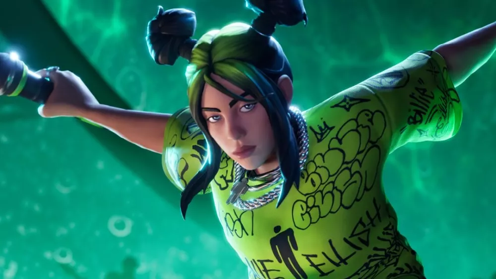 The upper torso and head of the Fortnite version of Billie Eilish.