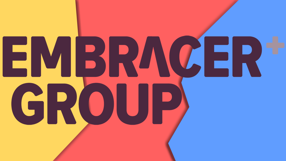 The Embracer Group logo over three separate colors signifying the split into three different companies.