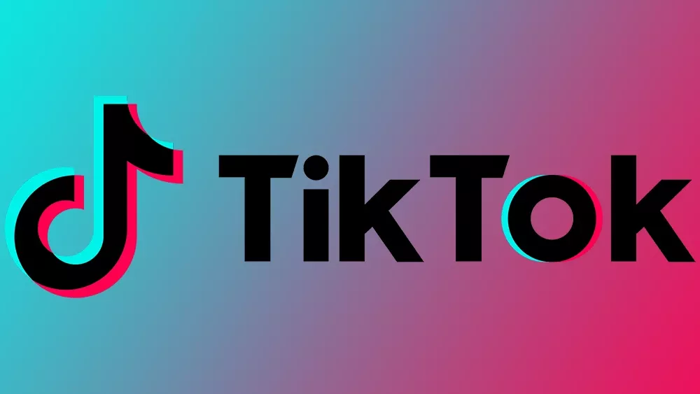 The TikTok logo on a blue and pink background.