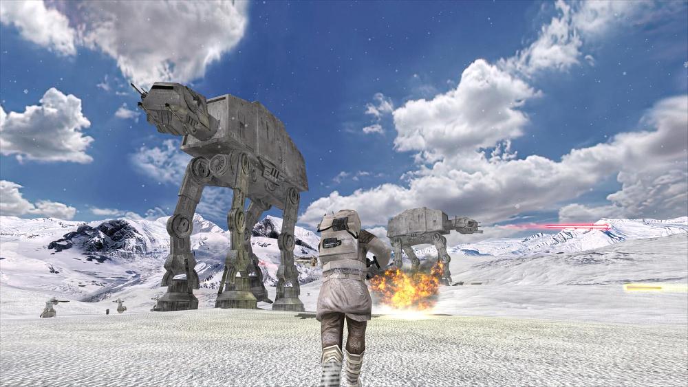 Screenshot from a Star Wars: Battlefront game on the snow world of Hoth, showing a big fight.