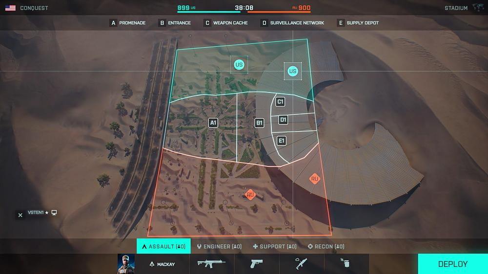 An overhead view of the layout for the upcoming Stadium map in Battlefield 2042.