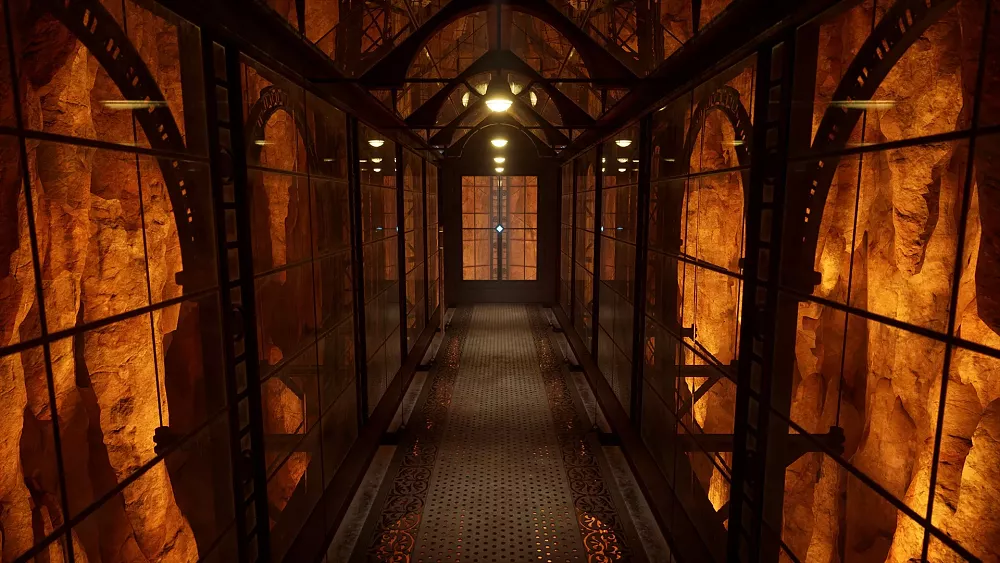 Screenshot of an interior walkway from the Riven remake.